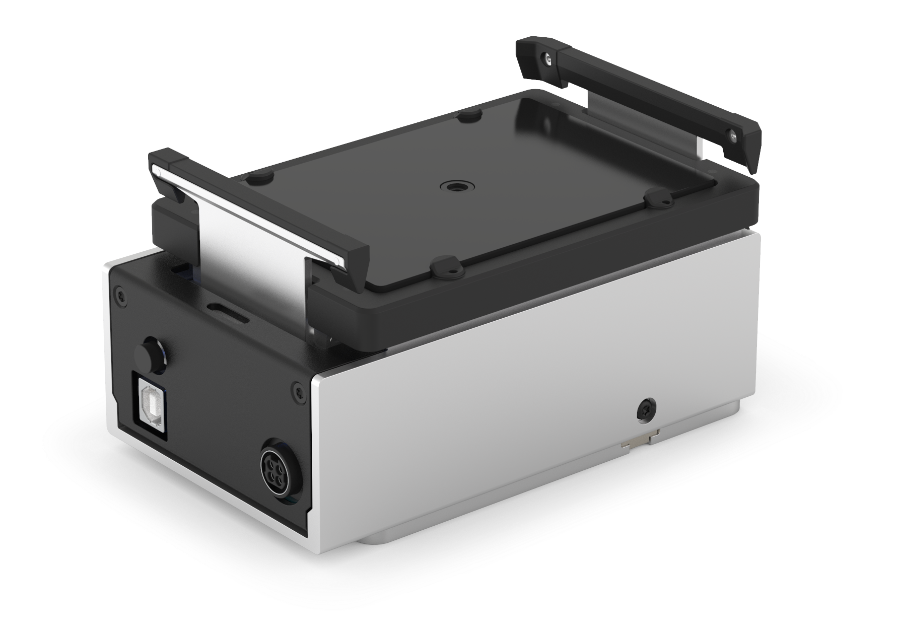 The Heater-Shaker module as seen from the front left. The top of the module has the heating and shaking platform and labware latch. The left side of the module has the power button, USB port, and power port.