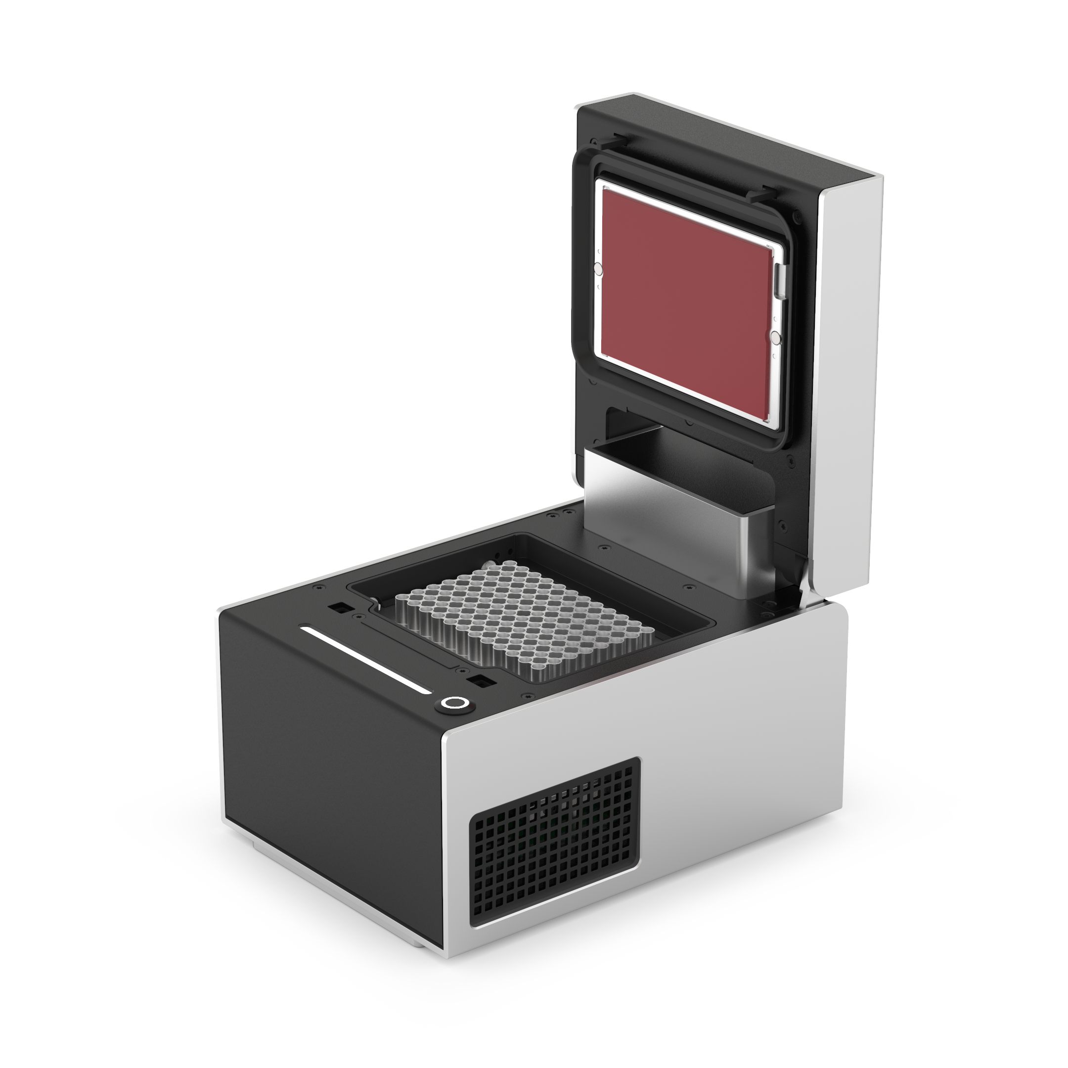 The Thermocycler as seen from the top right. The lid is open to show the thermal block inside.