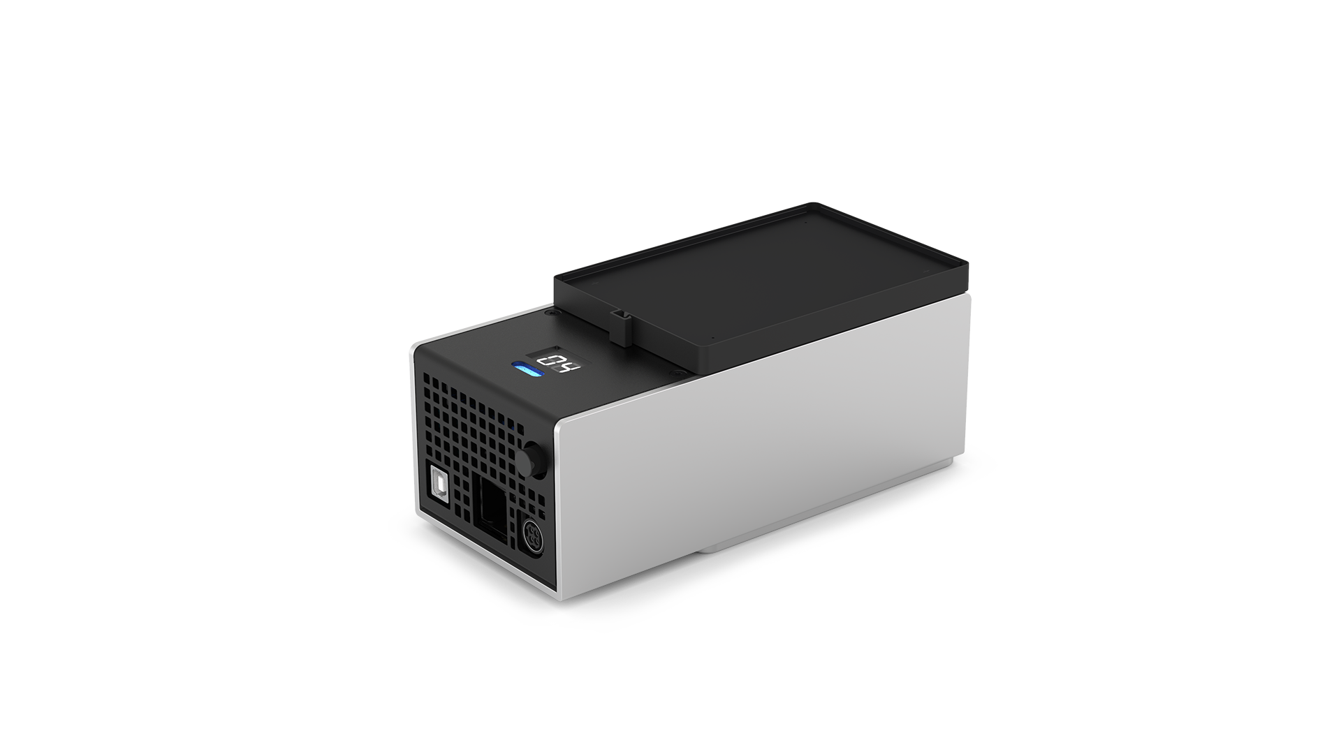 The Temperature Module as seen from the top left. The top of the module has the heating and cooling surface and temperature display. The side has the power button, USB port, and power port.